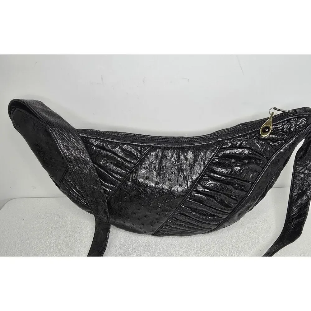 Vintage Judith Leiber Black Ostrich Leather Shoulder Bag Handbag Crescent Shape